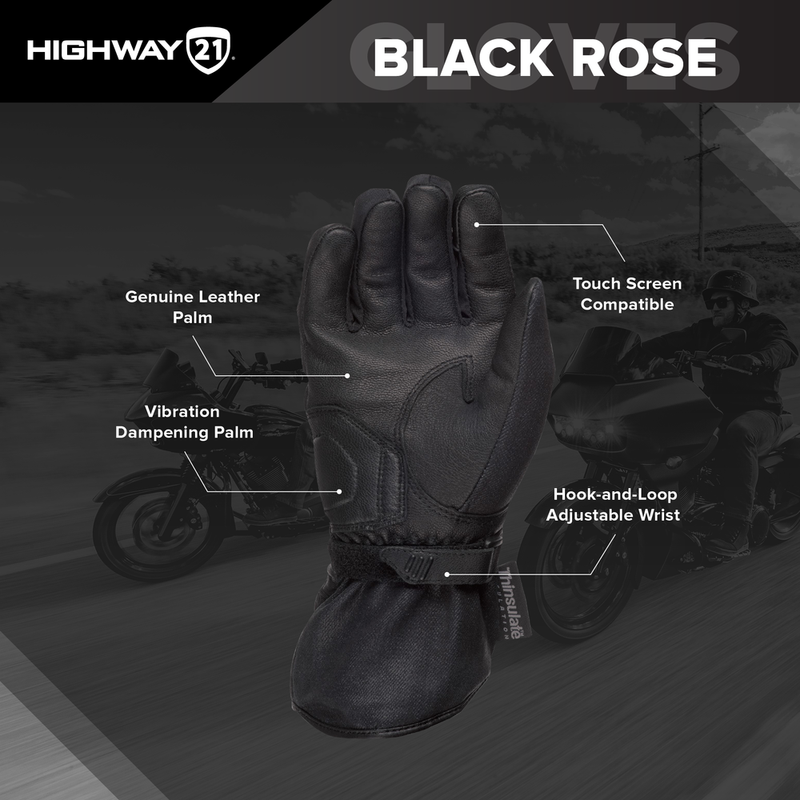 Highway 21 Women's Black Rose Motorcycle Riding Gloves