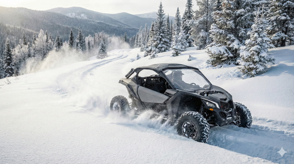 UTV driving through deep snow in a winter forest, showing proper winter riding setup and traction performance.