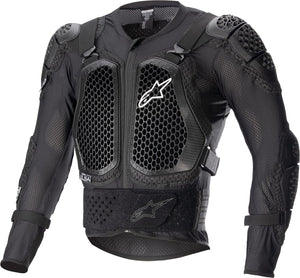 A black Alpinestars Bionic Action V2 Protection Jacket with CE and UKCA certified protection markings, featuring a mesh chest protector and foam padding on the back.